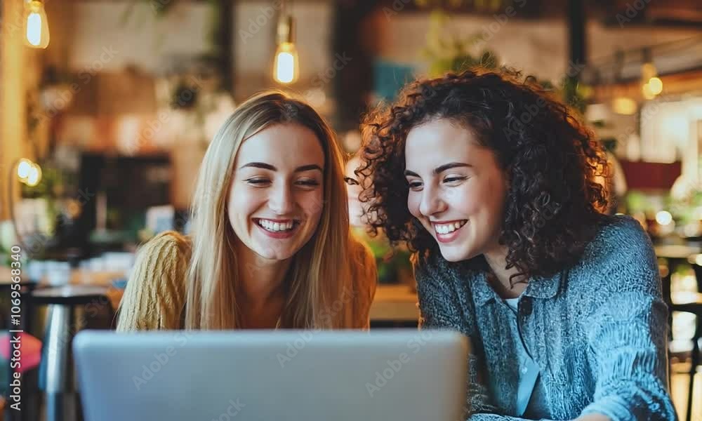 Two Happy Women Laughing While Using Laptop at Cozy Cafe Two Happy Women Laughing While Using Laptop at Cozy Cafe