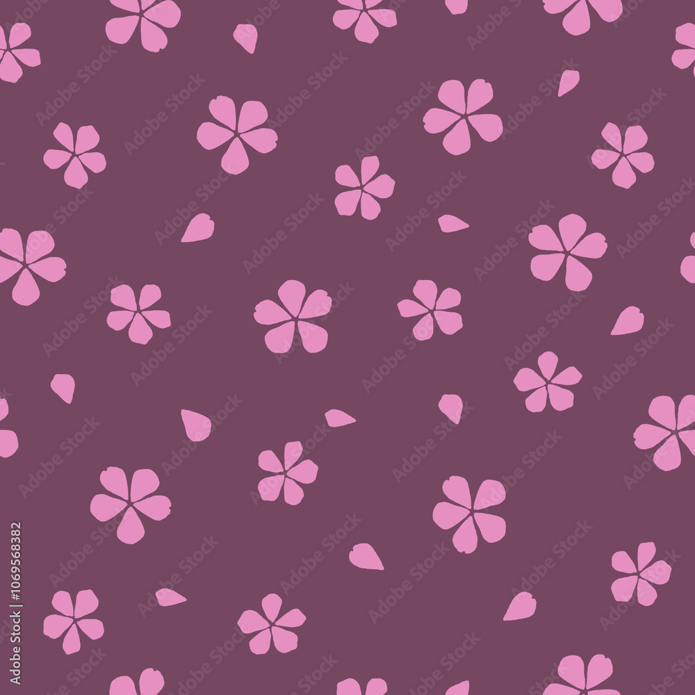 Spring seamless pattern with abstract pink flowers and sakura petals on a dark pink background. Spring seamless pattern with abstract pink flowers and sakura petals on a dark pink background.