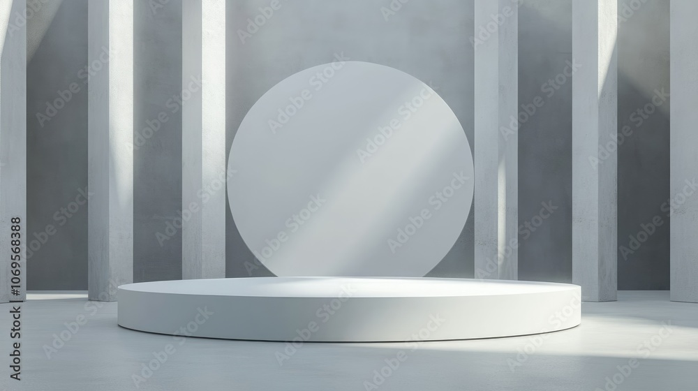 White Circular Platform with Columns and Light Streaks in a Minimalist Setting White Circular Platform with Columns and Light Streaks in a Minimalist Setting