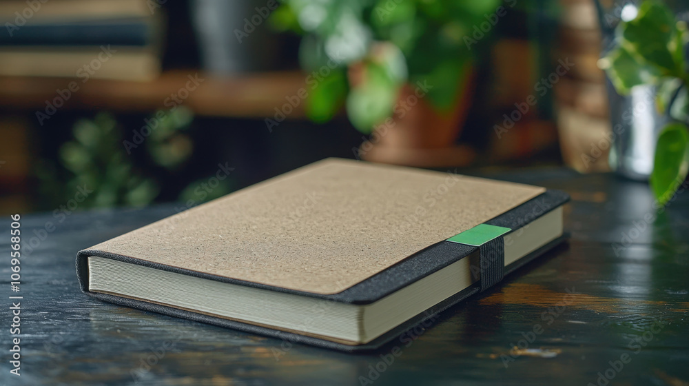 A softcover notebook rests on a wooden table surrounded by vibrant plants indoors A softcover notebook rests on a wooden table surrounded by vibrant plants indoors