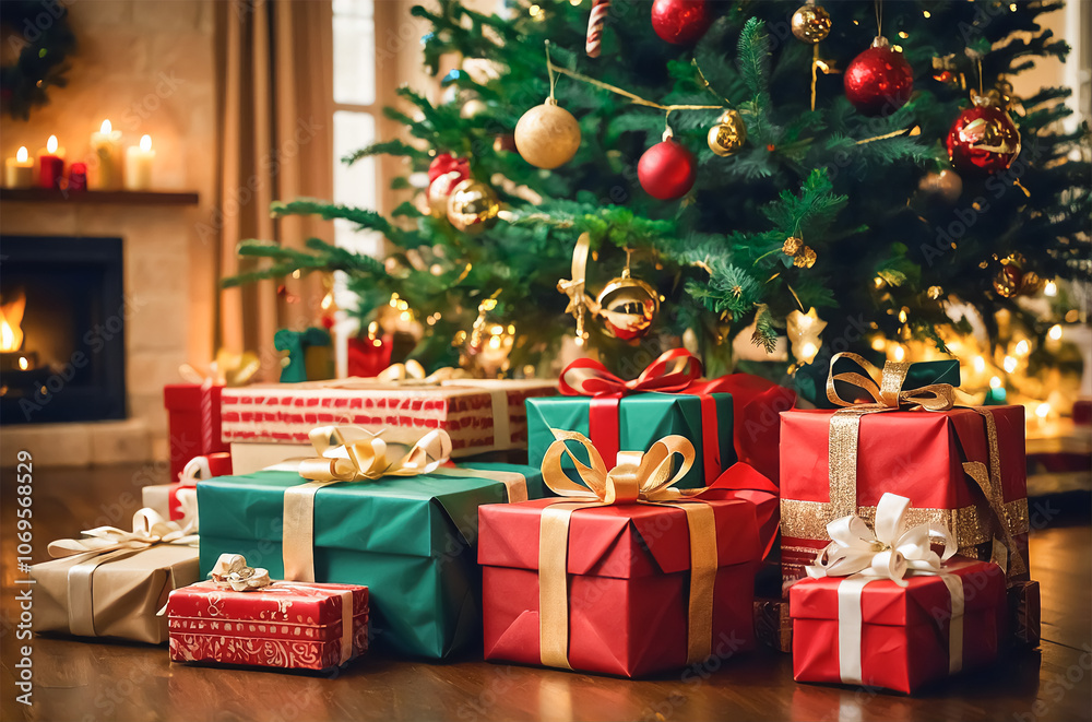 Beautifully Decorated Christmas Tree Surrounded by Wrapped Gifts: Ornaments, Tinsel, and Twinkling Lights for a Cozy and Joyful Holiday Scene Beautifully Decorated Christmas Tree Surrounded by Wrapped Gifts: Ornaments, Tinsel, and Twinkling Lights for a Cozy and Joyful Holiday Scene