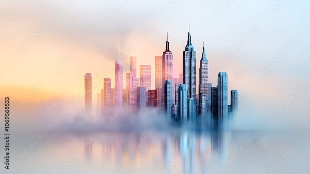 A serene, dreamlike rendering of the iconic New York City skyline, bathed in soft pastel hues of pink, lavender, and baby blue A serene, dreamlike rendering of the iconic New York City skyline, bathed in soft pastel hues of pink, lavender, and baby blue