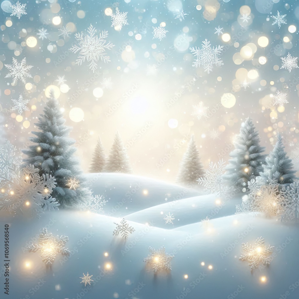 Naklejka premium a serene winter scene featuring a gentle snowfall, where delicate snowflakes dance through the chilly air against a white background. Incorporate soft, glowing lights that reflect off the snowflakes,