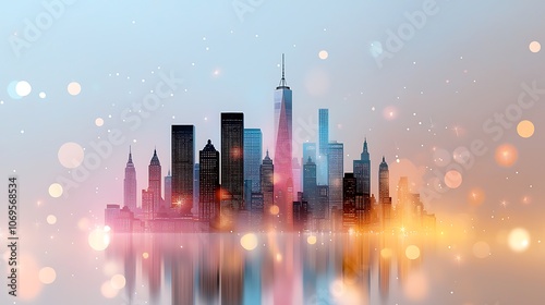 A serene, dreamlike rendering of the iconic New York City skyline, bathed in soft pastel hues of pink, lavender, and baby blue