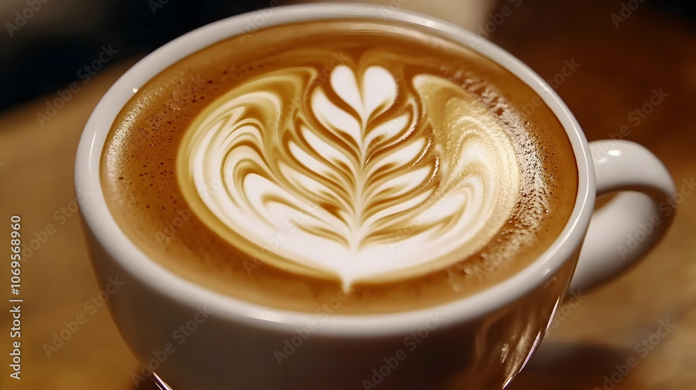 A close-up of a latte with a leaf design in the foam. A close-up of a latte with a leaf design in the foam.