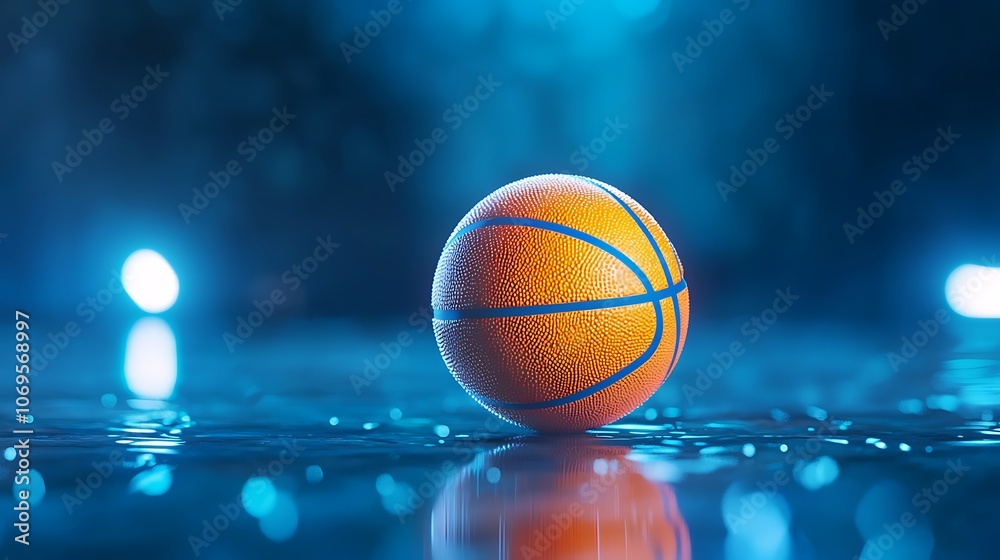 A basketball is sitting on a wet surface, reflecting the light from above A basketball is sitting on a wet surface, reflecting the light from above