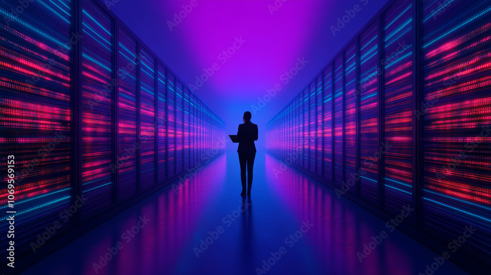 A woman stands in the middle of a server room, looking at the rows of servers. A woman stands in the middle of a server room, looking at the rows of servers.