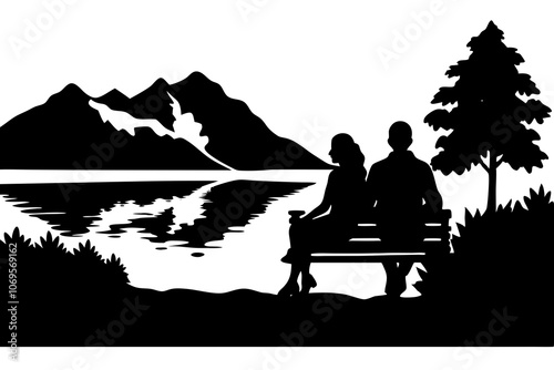 Silhouette of a couple holding hands while sitting on a bench, with a scenic mountain landscape.