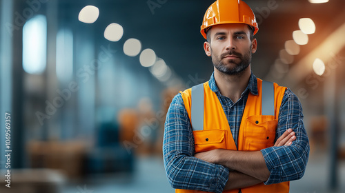 confident construction worker in orange safety vest and hard hat stands with arms crossed, showcasing professionalism in warehouse setting