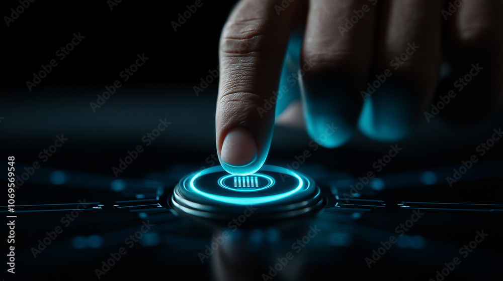 finger about to press luminous blue button, showcasing advanced technology and interaction. glowing button symbolizes innovation and futuristic design finger about to press luminous blue button, showcasing advanced technology and interaction. glowing button symbolizes innovation and futuristic design