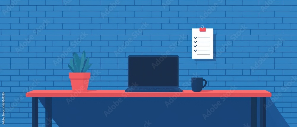 A modern workspace featuring a laptop, coffee mug, potted plant, and a checklist on a blue brick wall backdrop. A modern workspace featuring a laptop, coffee mug, potted plant, and a checklist on a blue brick wall backdrop.