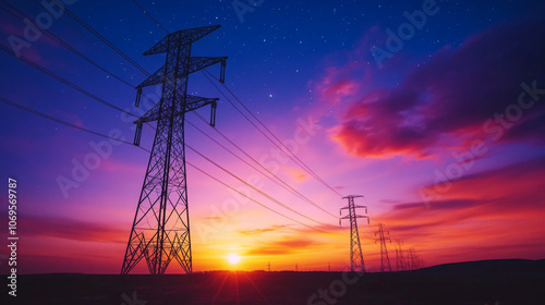 Silhouetted power lines stand tall against a vibrant sunset sky.