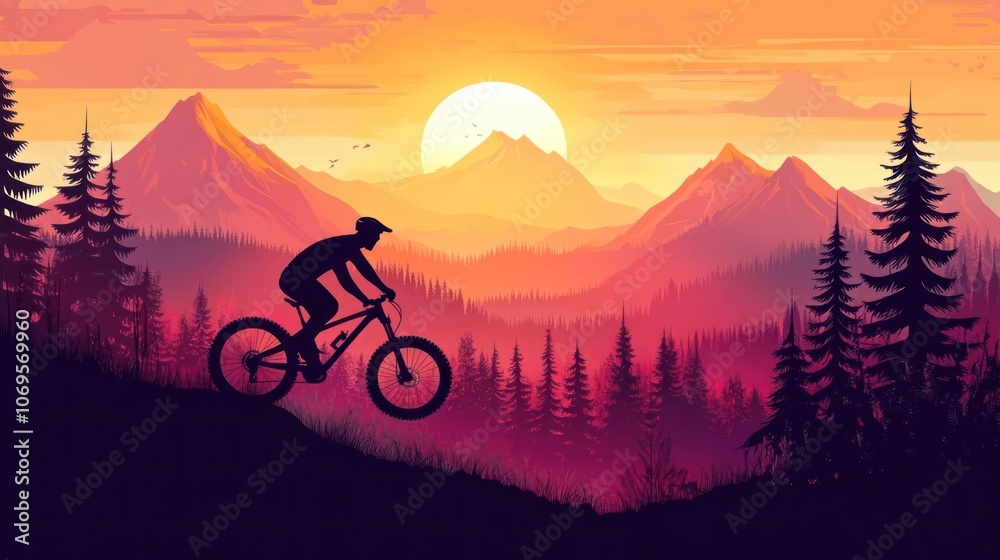 A silhouetted mountain biker rides against a vibrant sunset backdrop in a forested landscape. A silhouetted mountain biker rides against a vibrant sunset backdrop in a forested landscape.