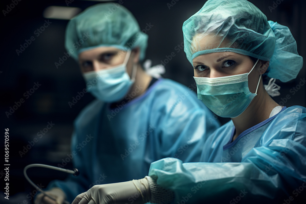 Doctors and assistants wear protective suits and masks in an operating room close-up Doctors and assistants wear protective suits and masks in an operating room close-up