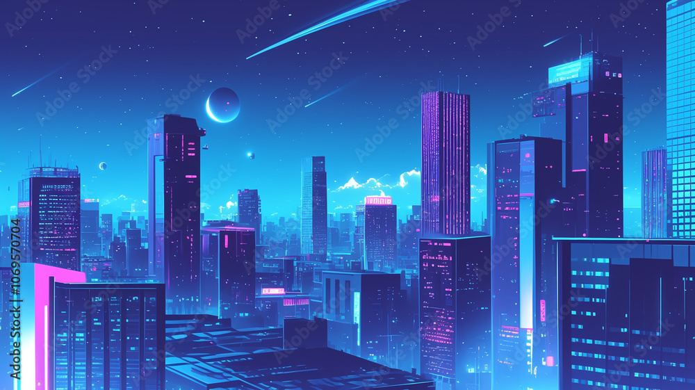 Obraz premium 1970年代、1980年代のシティポップをイメージした夜の都会のグラフィックアート,レトロポップ,懐かしい,エモーショナル,チル,背景素材