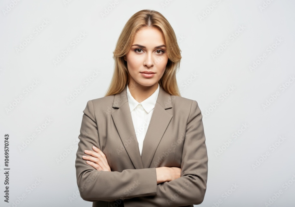Businesswoman in a Brown Suit Jacket and White Shirt with Her Arms Crossed Businesswoman in a Brown Suit Jacket and White Shirt with Her Arms Crossed