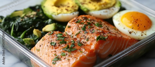 A healthy meal prep container with grilled salmon, avocado, spinach, and eggs.