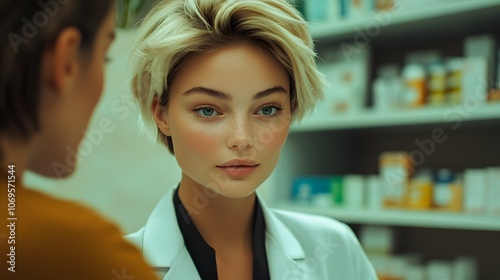 Wide angle, Lifestyle photo of a woman with a relieved expression, chatting with a pharmacist in the clinic pharmacy, receiving advice on medication, 4k resolution, cinematic scene