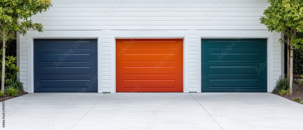 Fototapeta premium A modern garage with three doors: two in dark colors and one vibrant orange, surrounded by greenery and a clean driveway.