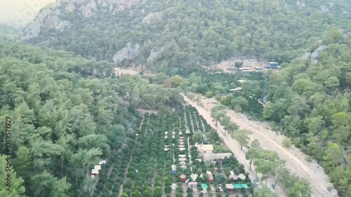 The scenic view of the ancient city of Olympos by drone