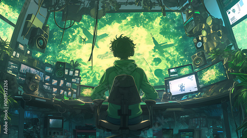 A young man sits in front of a computer in the future photo