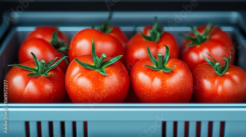 Fresh red tomatoes in a crisper drawer of a refrigerator. photo