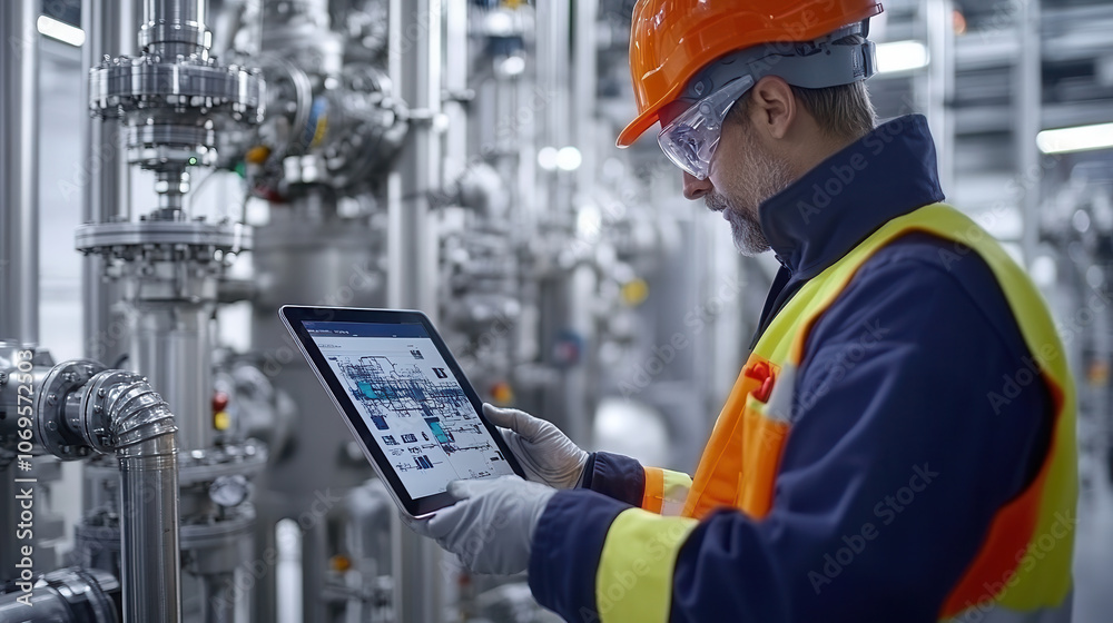 worker in high tech industrial environment uses tablet to monitor systems. scene showcases advanced machinery and safety protocols in action, emphasizing technology and safety worker in high tech industrial environment uses tablet to monitor systems. scene showcases advanced machinery and safety protocols in action, emphasizing technology and safety