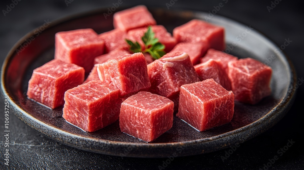 Cubes in raw beef in plate Cubes in raw beef in plate