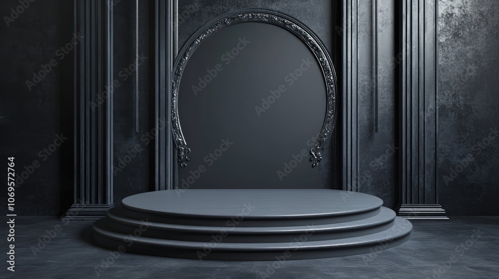 Circular Pedestal Against Black Ornate Wall Circular Pedestal Against Black Ornate Wall