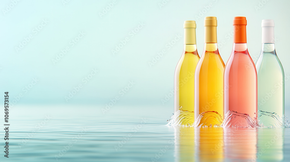 Dynamic capture of wine bottles in various colors with water splashes, creating refreshing and vibrant atmosphere. scene evokes sense of enjoyment and celebration Dynamic capture of wine bottles in various colors with water splashes, creating refreshing and vibrant atmosphere. scene evokes sense of enjoyment and celebration
