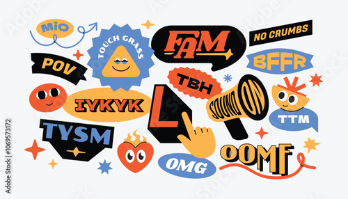 Cool and trendy sticker retro, 90's style y2k, Gen z and millenials quote slang. Patch, badge, sticker, tags.