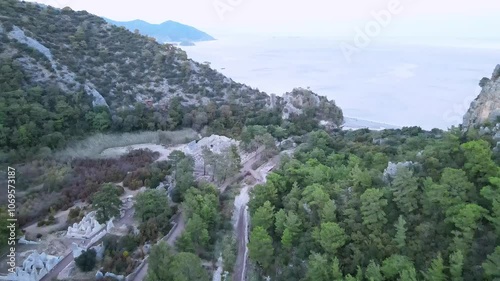 The scenic view of the ancient city of Olympos by drone