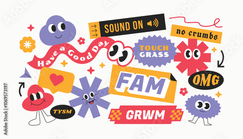 Cool and trendy sticker retro, 90's style y2k, Gen z and millenials quote slang. Patch, badge, sticker, tags.