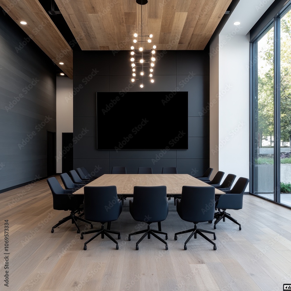 Modern Boardroom with Large Wall-Mounted Monitor Modern Boardroom with Large Wall-Mounted Monitor