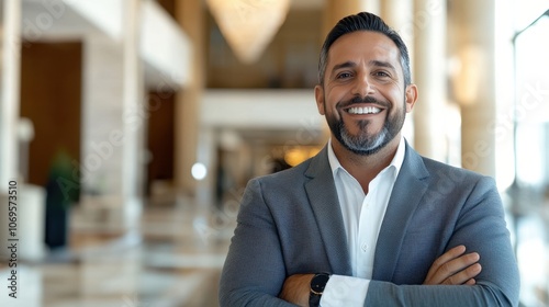 Welcoming Boutique Hotel Owner in Stylish Lobby