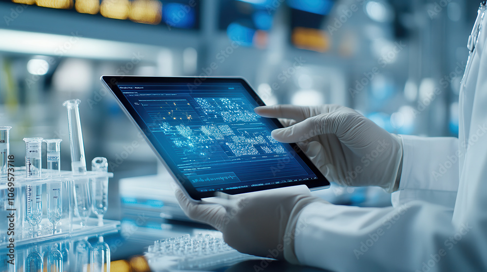 Worker in laboratory using tablet to analyze data and track experiments, showcasing modern technology in scientific environment Worker in laboratory using tablet to analyze data and track experiments, showcasing modern technology in scientific environment
