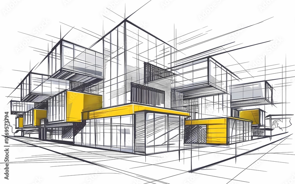dynamic architectural sketch of a modern building complex with clean, angular lines and bold geometric shapes. dynamic architectural sketch of a modern building complex with clean, angular lines and bold geometric shapes.