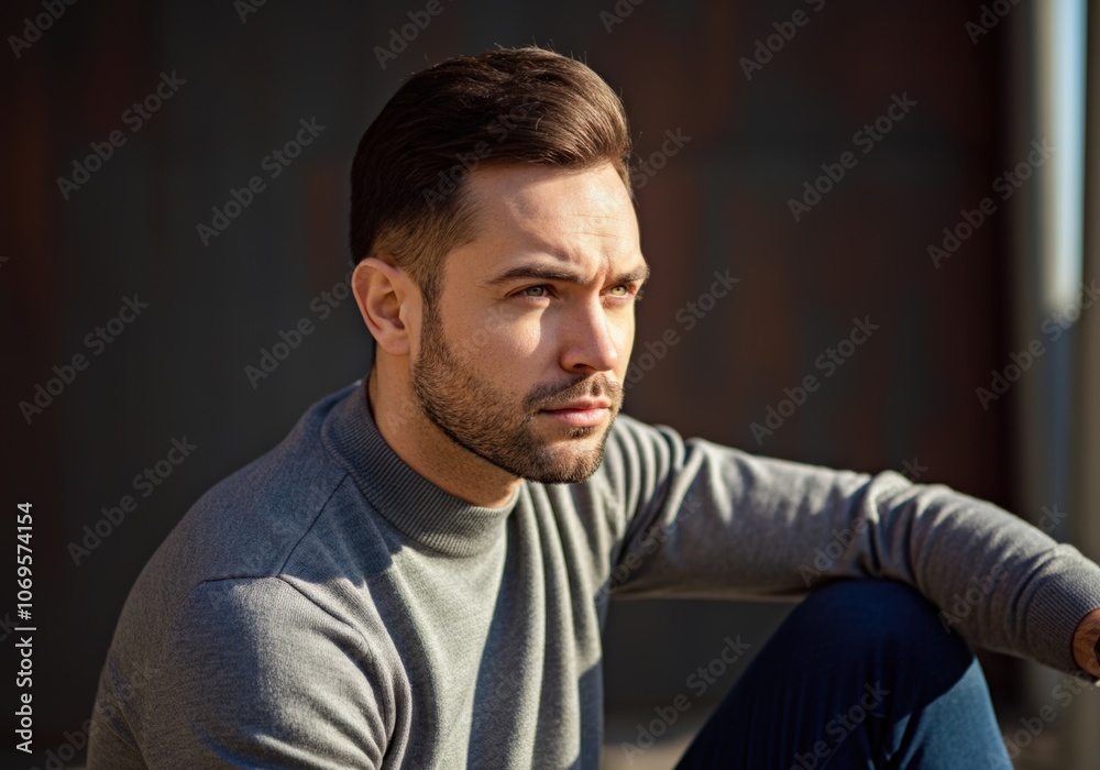 Fototapeta premium Portrait of a thoughtful man in a grey sweater looking away