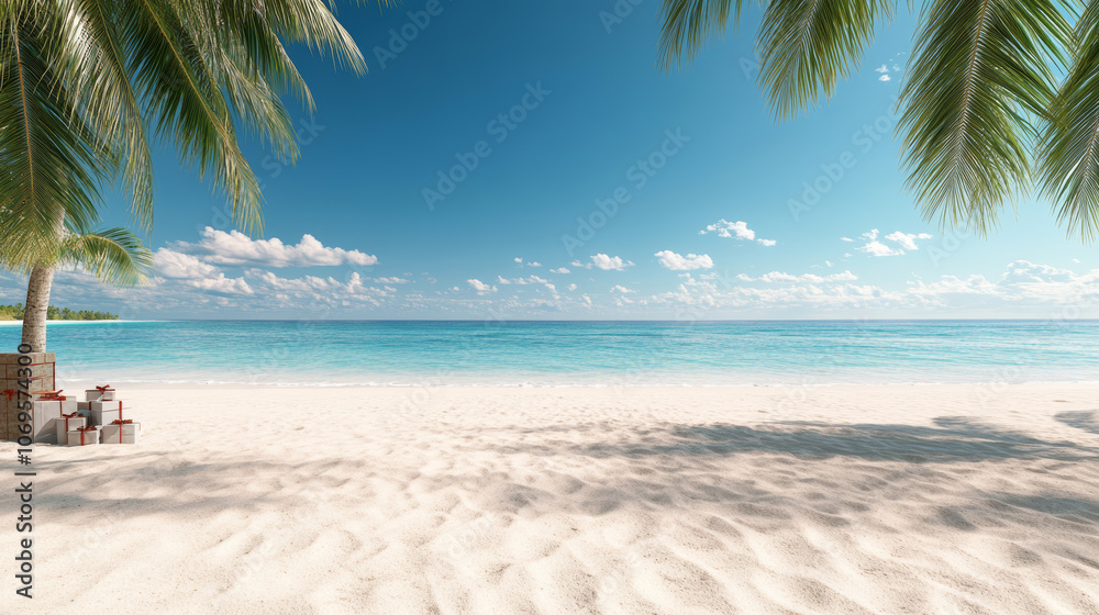 Gifts under a palm tree on a beautiful, white sandy beach. Gifts under a palm tree on a beautiful, white sandy beach.