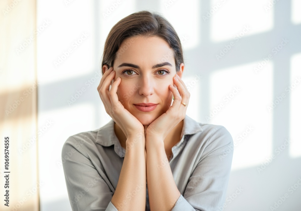 Portrait of a young woman smiling while resting her chin on her hands Portrait of a young woman smiling while resting her chin on her hands