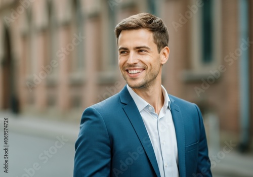 Smiling man in blue suit looking away photo