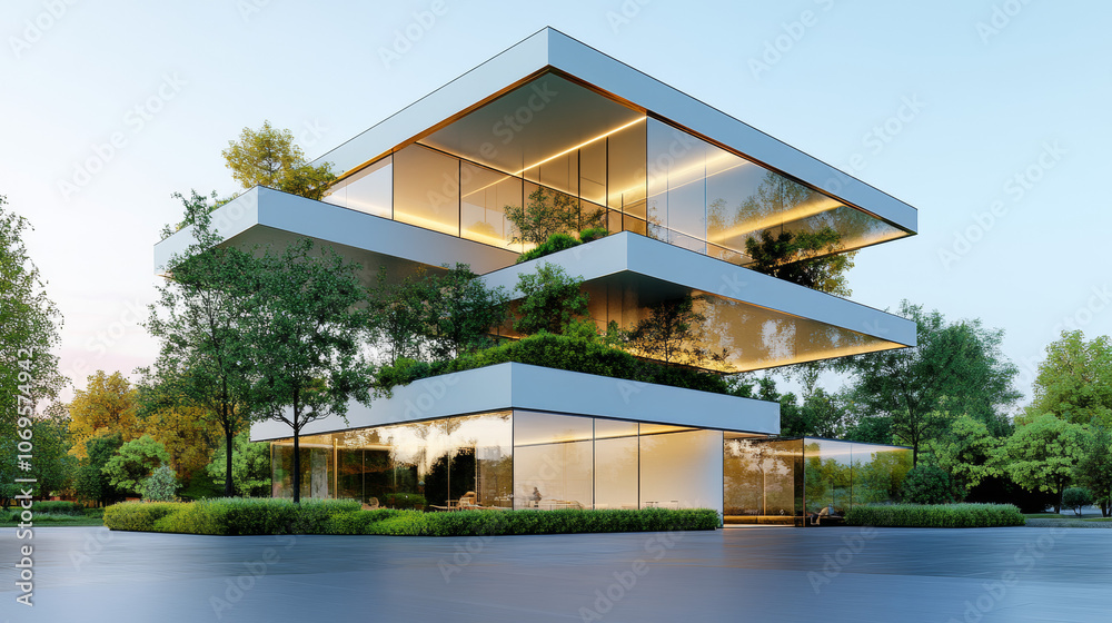 Modern glass building with a green roof and a black paved area in front. Modern glass building with a green roof and a black paved area in front.