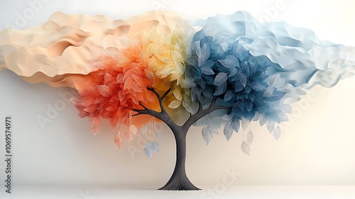 Fototapeta Naklejka Na Ścianę i Meble -  The illustration features a vibrant and luscious tree with intricately designed multicolor leaves hanging gracefully from its branches