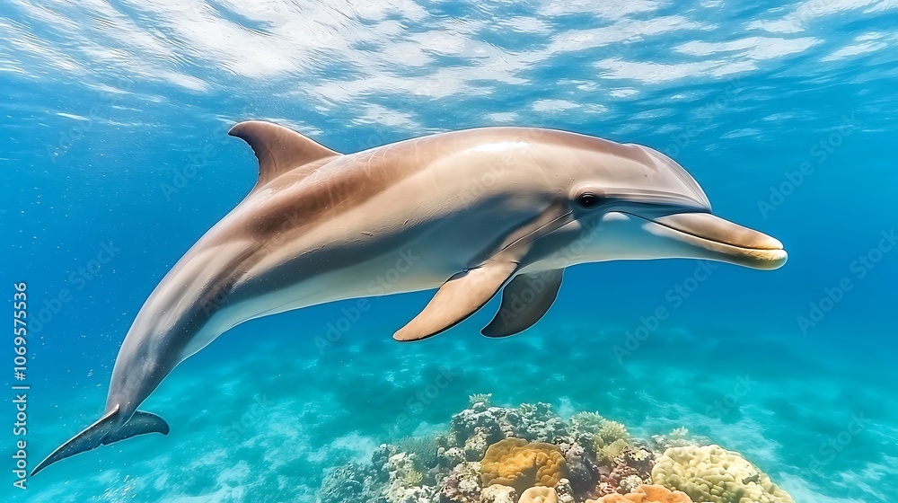 Fototapeta premium The aerial view captures a pod of playful dolphins elegantly gliding through crystal clear turquoise water