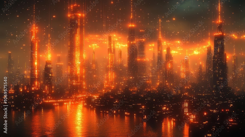 Fototapeta premium futuristic urban landscape at night, showcasing dynamic wireless networks illuminating the skyline, with connections symbolizing advanced technology and connectivity in a vibrant city