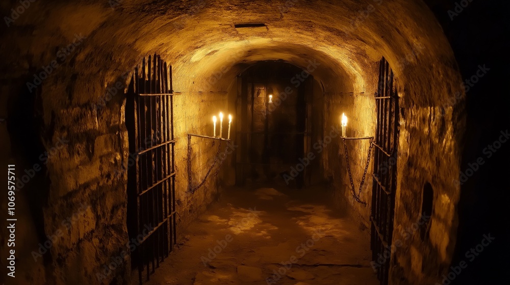 Gloomy dungeon with torches, iron bars, and chains evoking medieval atmosphere. AI generated Gloomy dungeon with torches, iron bars, and chains evoking medieval atmosphere. AI generated