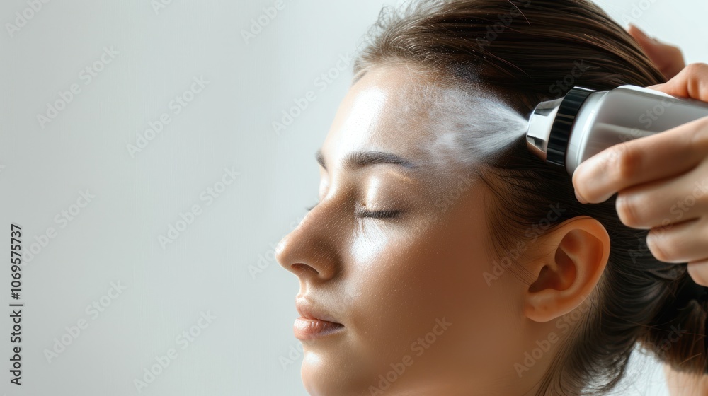 Naklejka premium White background showing Cosmetologist spraying refreshing spray on a girl's face,