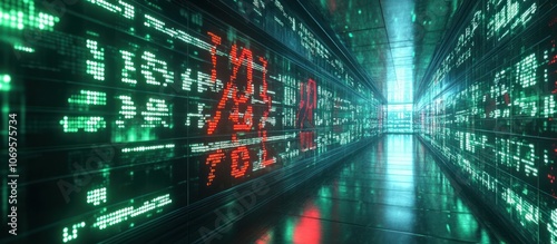 Real-time stock data on a glowing digital board, green and red numbers, futuristic design