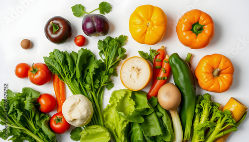 Healthy food on white background top view. Zero waste concept, no plastic. Fresh different vegetarian products, healthy food variety. Banner social media image highlighted by white, png