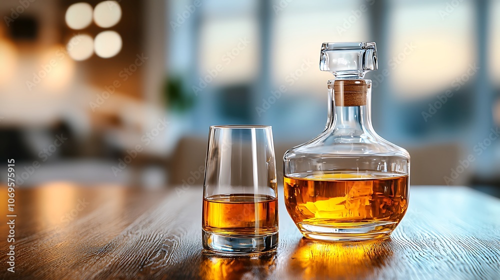 The whiskey decanter and glass sit elegantly on the richly polished wooden table, basking in the soft glow of the gentle ambient lighting The whiskey decanter and glass sit elegantly on the richly polished wooden table, basking in the soft glow of the gentle ambient lighting